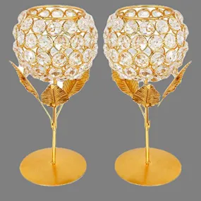 Collectible India Gold Plated Crystal Candle Holder Tea Light Stand Votive- Decorative Tealight Holders for Home Office Living Room Indoor Garden Dining Centerpiece Decoration, (Set of 2), Small