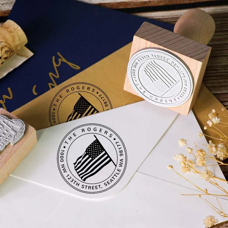 Custom Old Glory Address Wooden Rubber Stamp