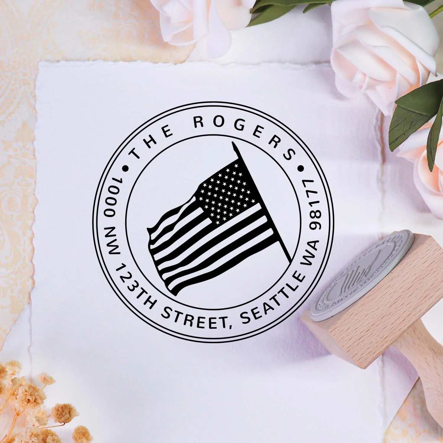 Custom Old Glory Address Wooden Rubber Stamp