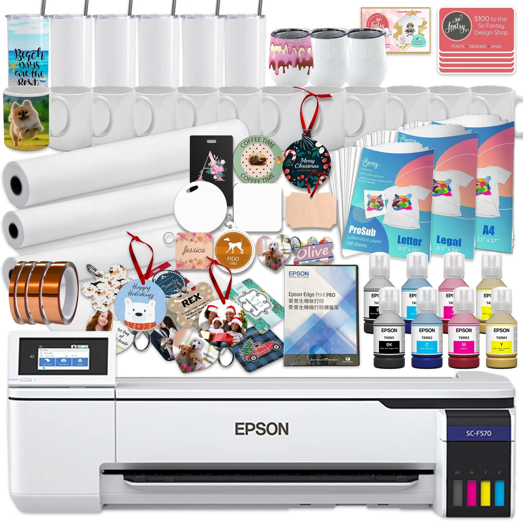 Epson SureColor PRO F570 24" Sublimation Printer w/ Deluxe Paper Bundle & Blanks