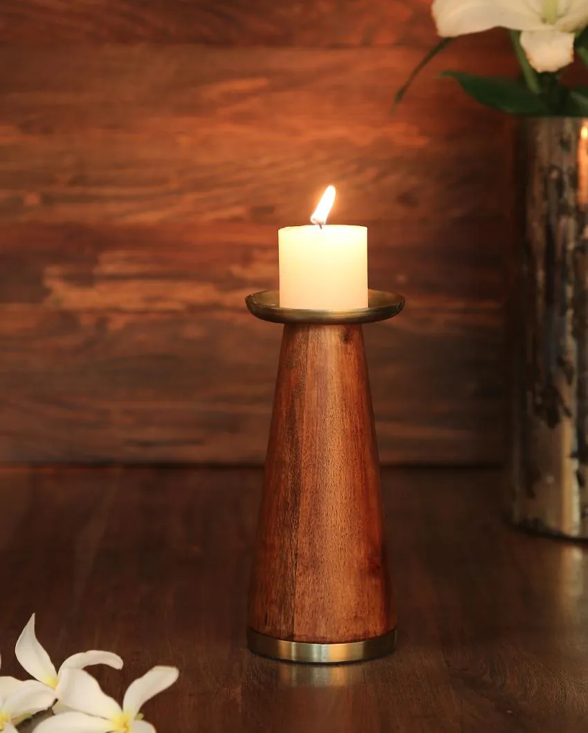 Wooden Pillar Candle Holder with Brass Top | Set  Of 2 | 6 inches & 8.5 inches
